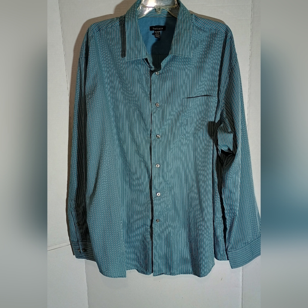 Van Heusen Men's Teal Striped Long Sleeve Shirt Size XXL Neck 18-18.5"